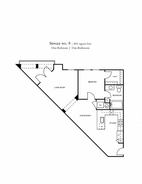Floor plan for 1 bed, 1 bath, 801 sqft